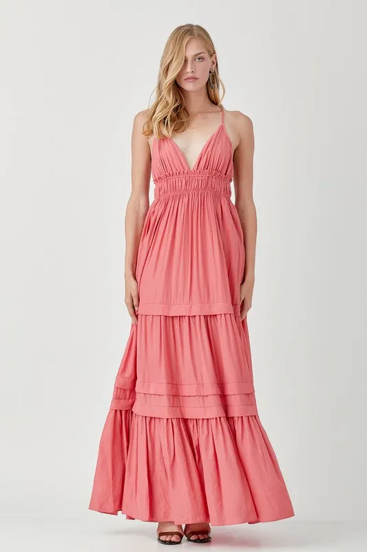 Shirred Ruffle Folded Detail Maxi Dress