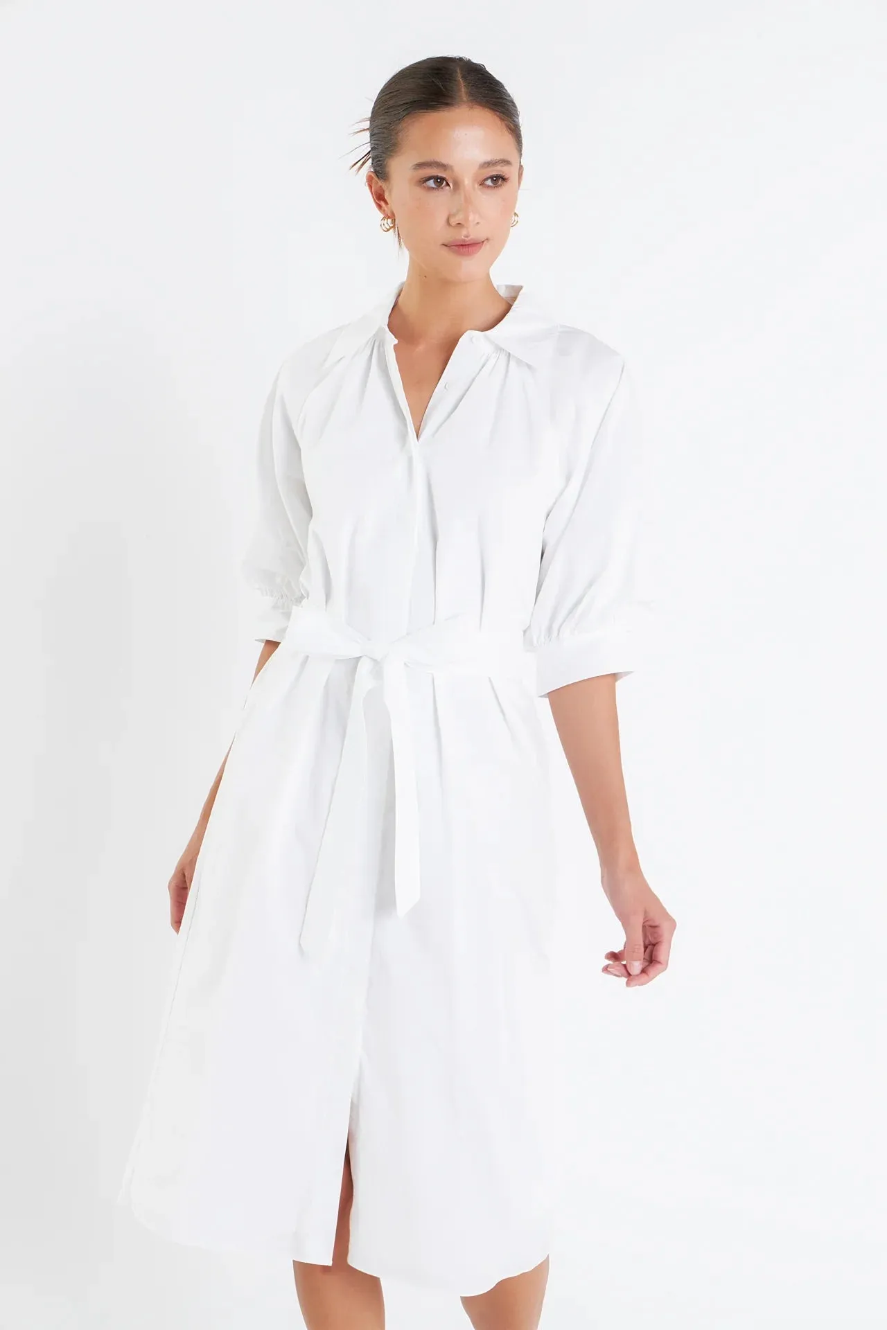 Shirringed Short Sleeves Shirt Dress