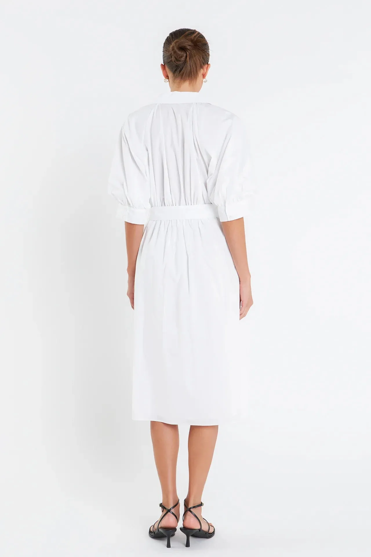 Shirringed Short Sleeves Shirt Dress