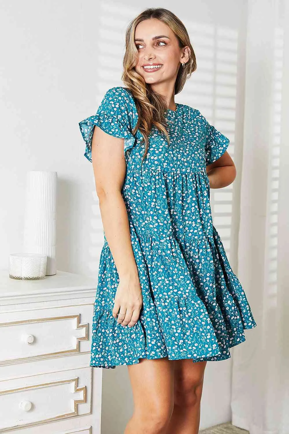 Short Flounce Sleeve Tiered Dress