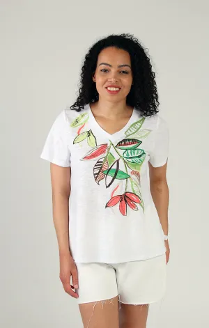 Short Sleeve Leaf Print Cotton Tee