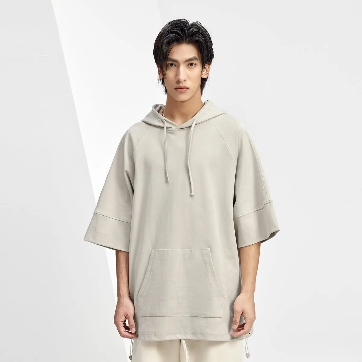 Short-sleeve Relaxed Fit Kangaroo Pocket Khaki Hooded Sweater