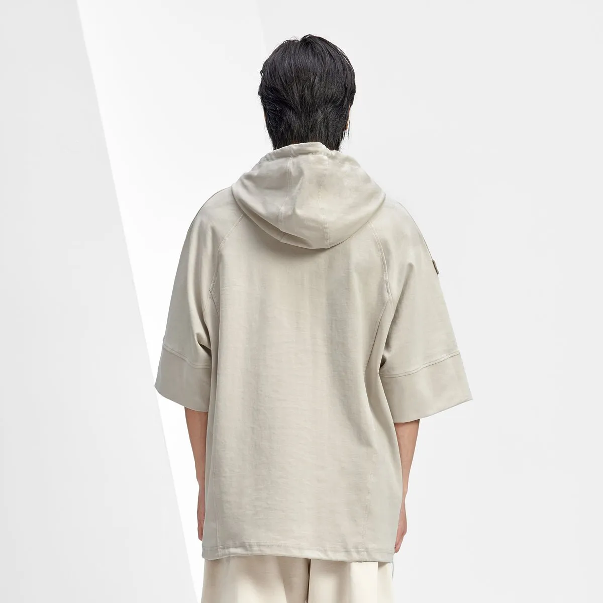 Short-sleeve Relaxed Fit Kangaroo Pocket Khaki Hooded Sweater