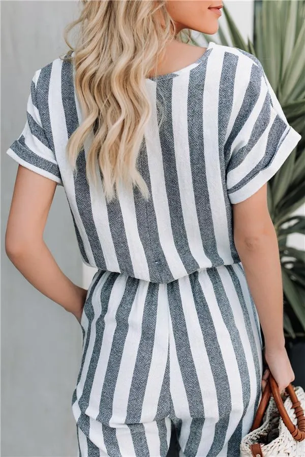 Short Sleeve Striped Wide Leg Jumpsuit