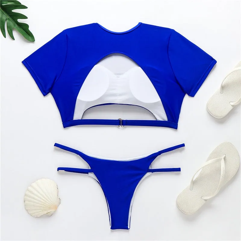 Short Sleeve Tank Beach Swimwear Monokini Bath Suits Hollow Out Blue Stripe Thong  Swimsuit Bikini Set