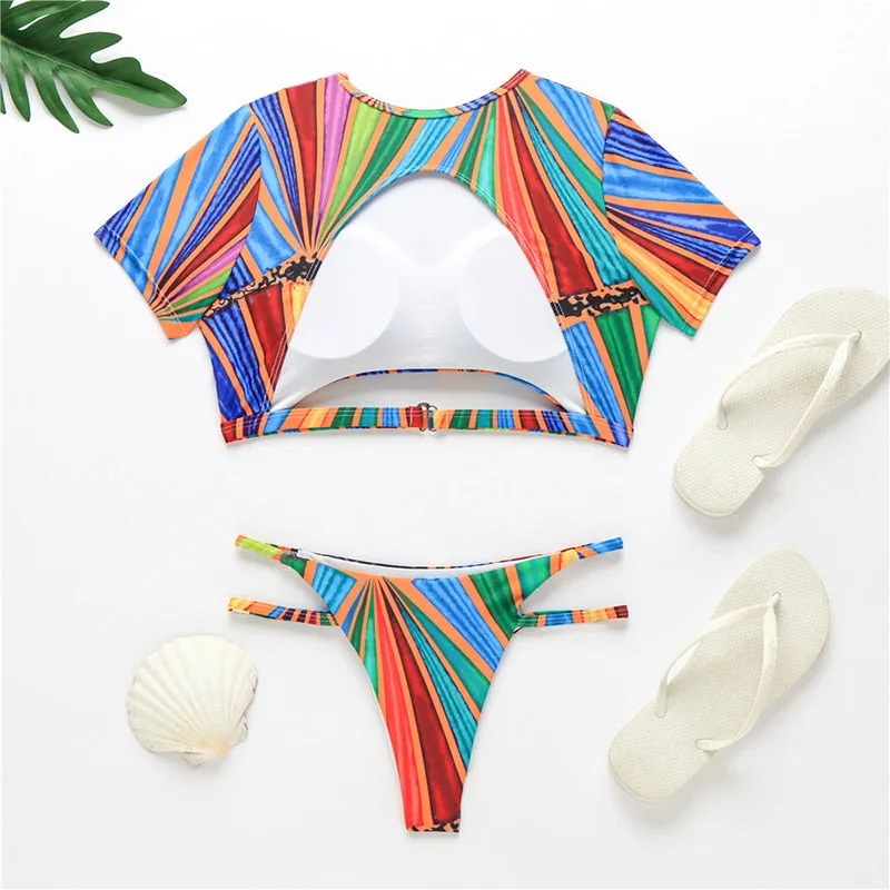 Short Sleeve Tank Beach Swimwear Monokini Bath Suits Hollow Out Blue Stripe Thong  Swimsuit Bikini Set