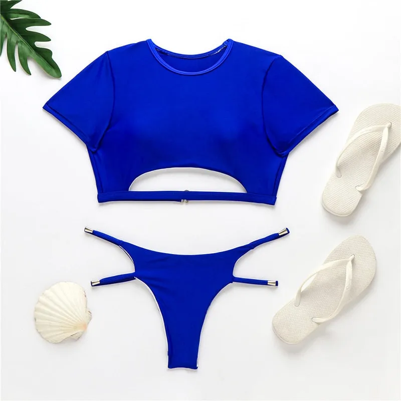 Short Sleeve Tank Beach Swimwear Monokini Bath Suits Hollow Out Blue Stripe Thong  Swimsuit Bikini Set