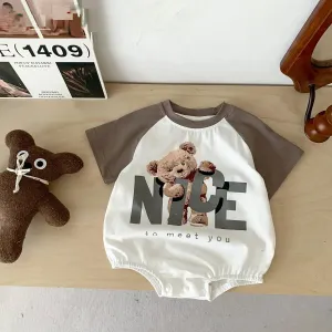 Short Sleeve Teddy Bear Letter Print Soft Cotton Onesies