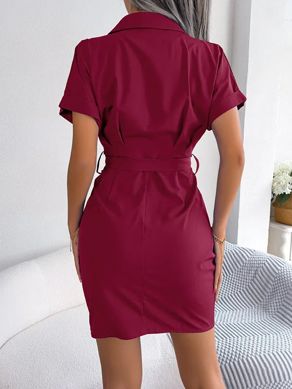 Short Sleeves Bandage Pleated Solid Color Lapel Mini Dresses