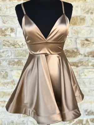 Short V Neck Champagne Prom Dresses, Short V Neck Champagne Graduation Homecoming Dresses