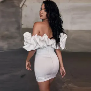 Shoulder Sexy Ruffle Party White Short Club Mini Off Bodycon Midi Dress