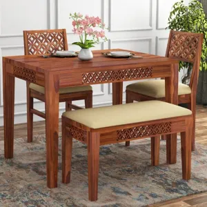 SHREE NATH JI CRAFT HOUSE Sheesham Wood 4 Seater Dining Table Set for Home Hall || Solid Wood Dining Table with 2 Cushion Chairs and Bench for Hotels || Dining Room Sets - Honey Finish