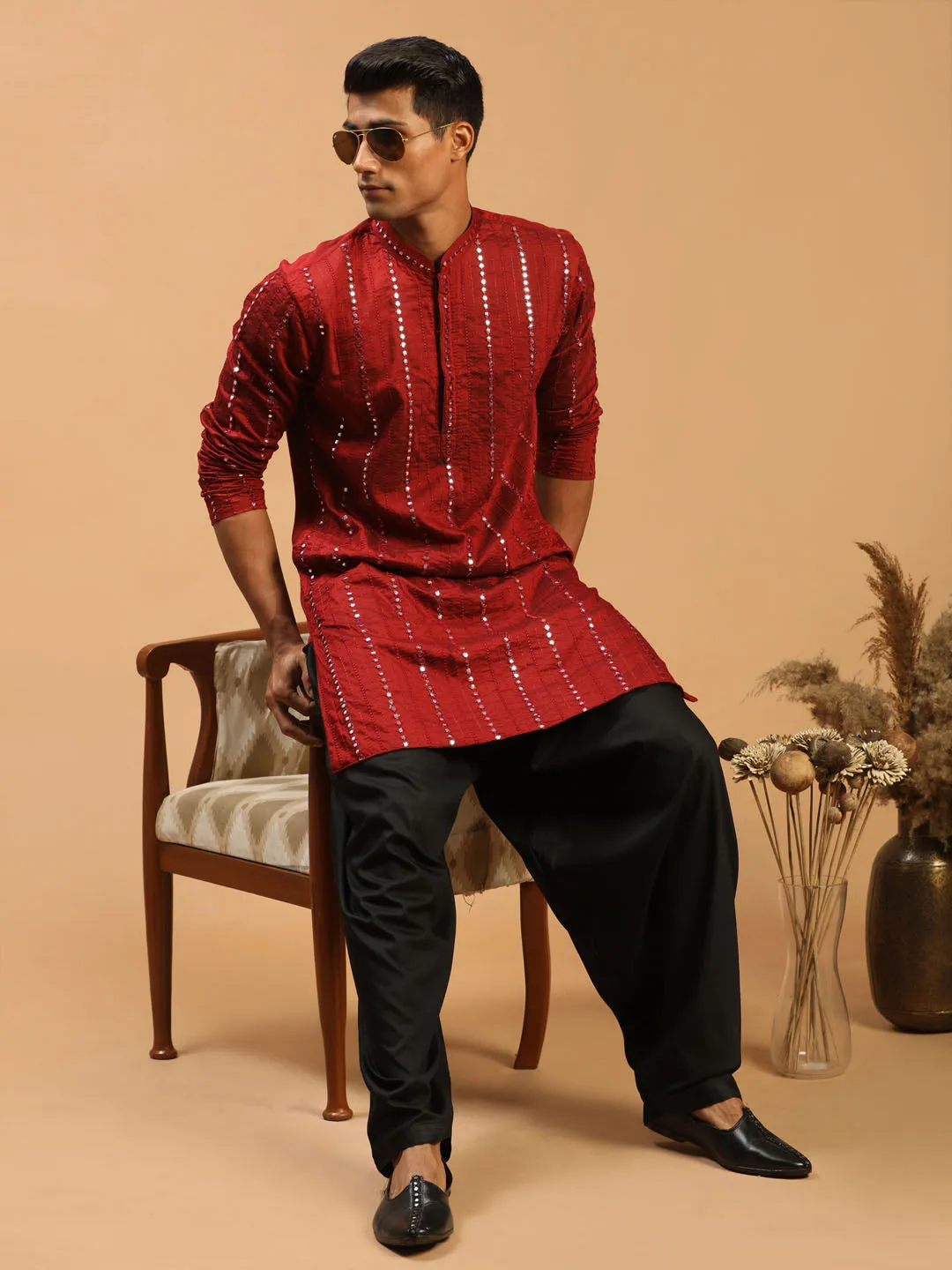 SHRESTHA By VASTRAMAY Men's Maroon Mirror Kurta