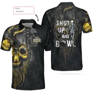 Shut Up And Bowl Golden Skull Custom Polo Shirt, Black Skull Bowling Shirt With Sayings, Personalized Bowling Gift Coolspod