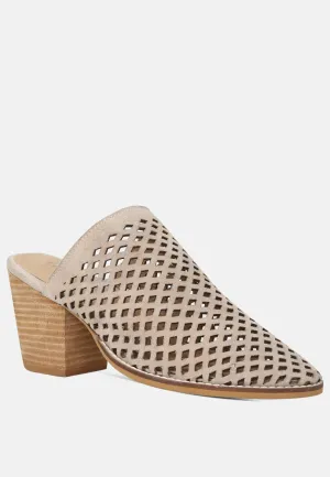 SIA Stacked Heel Laser-Cut Mules in Nude