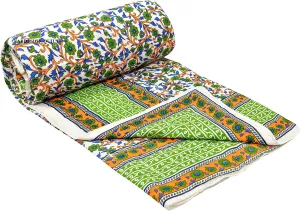 SIBLEY Cotton Single Bed Jaipuri Razai Jaipuri Blanket Ac Quilt for Winter Soft Light Weight Rajasthani Traditional Cotton Razai (55 x 85 inch) (Green) - Reversible