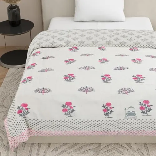 SIBLEY Hand Block Print Quilts Pure Cotton Lightweight Reversible (Double Bed, Pink Floral)