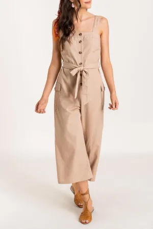 Side Hustle Taupe Linen Utility Jumpsuit