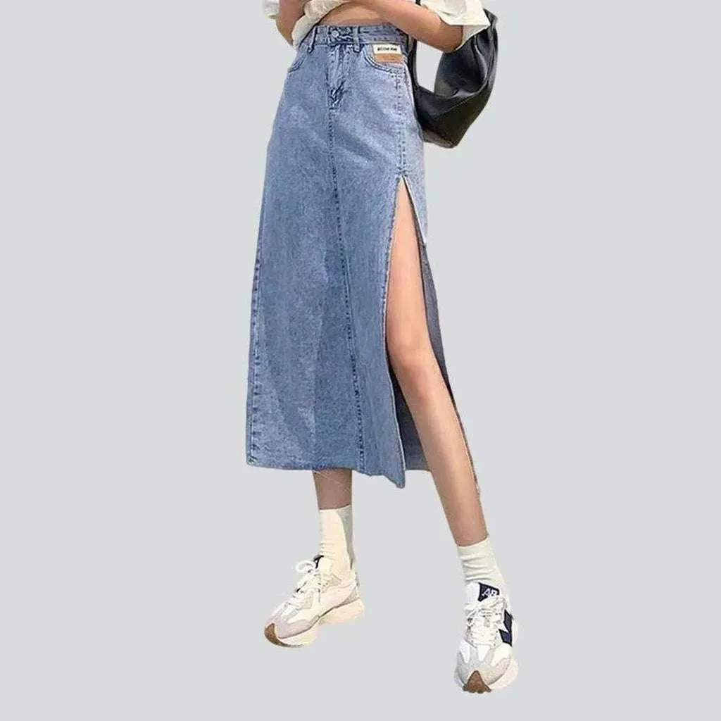 Side slit long jeans skirt