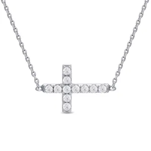 Sideways Cross CZ Necklace in Sterling Silver