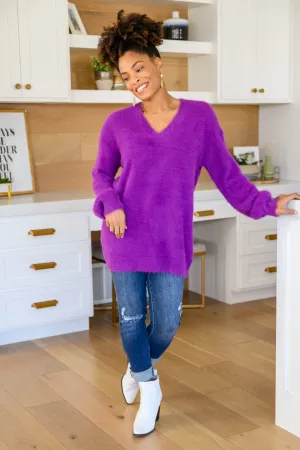 Sierra Long Sleeve Eyeleash Sweater Knit Top In Purple