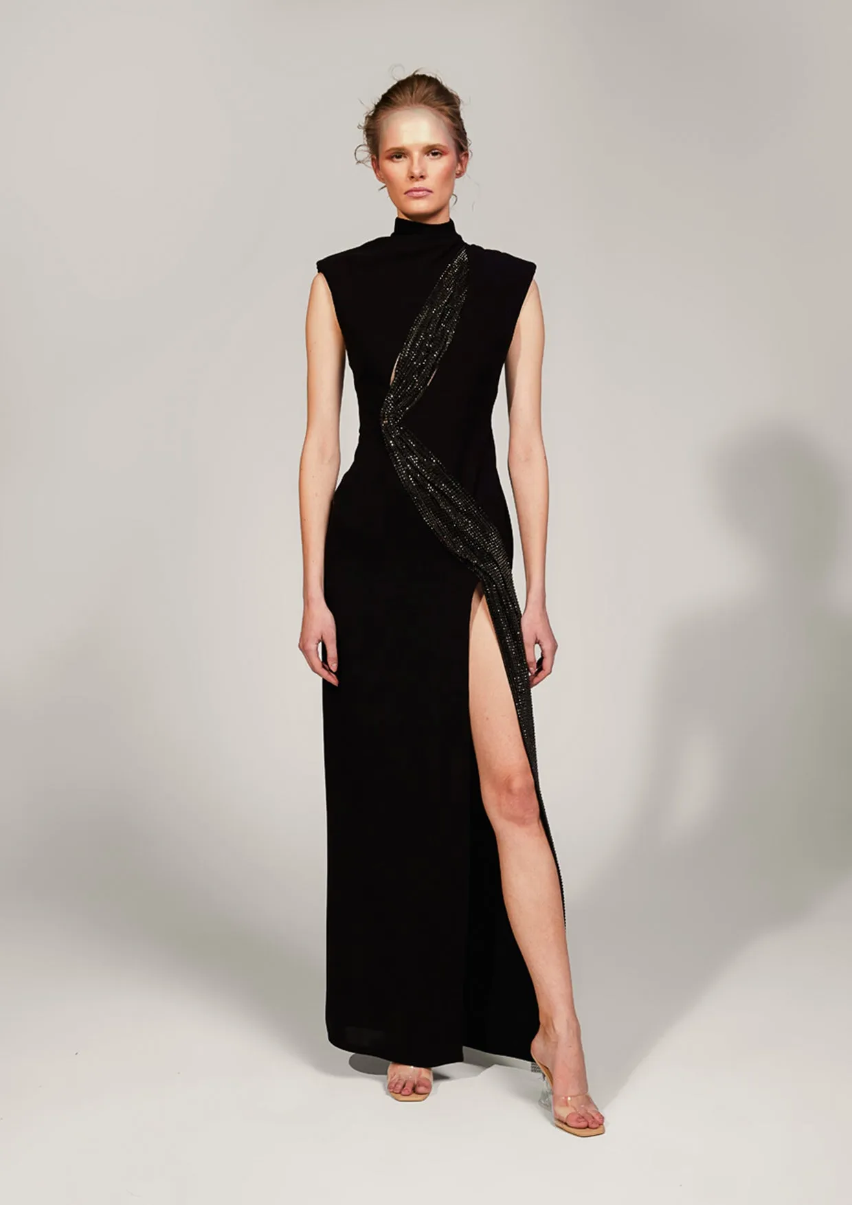 Silene Crystal Mesh Matte Crepe Maxi Dress