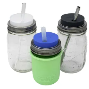 Silicone Straw lid with stainless steel band for mason jar