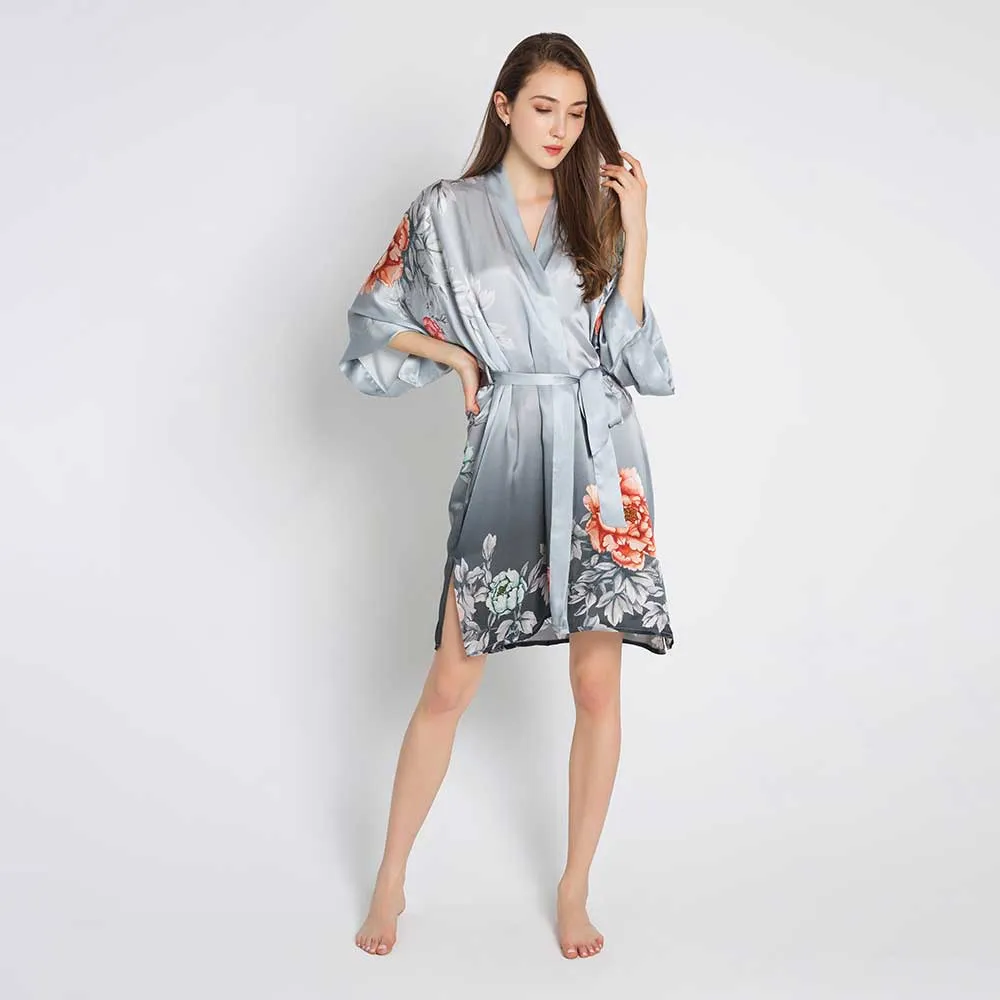 Silk Botan Short Kimono Robe