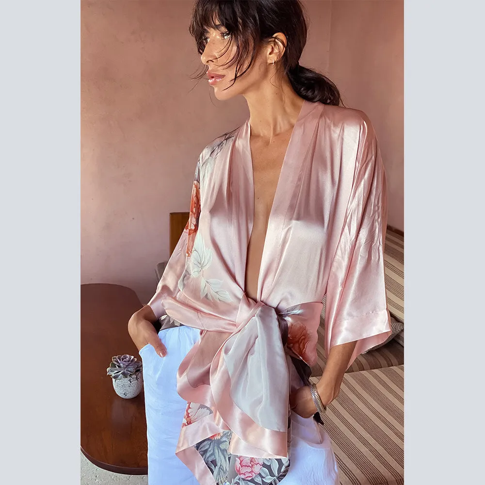 Silk Botan Short Kimono Robe