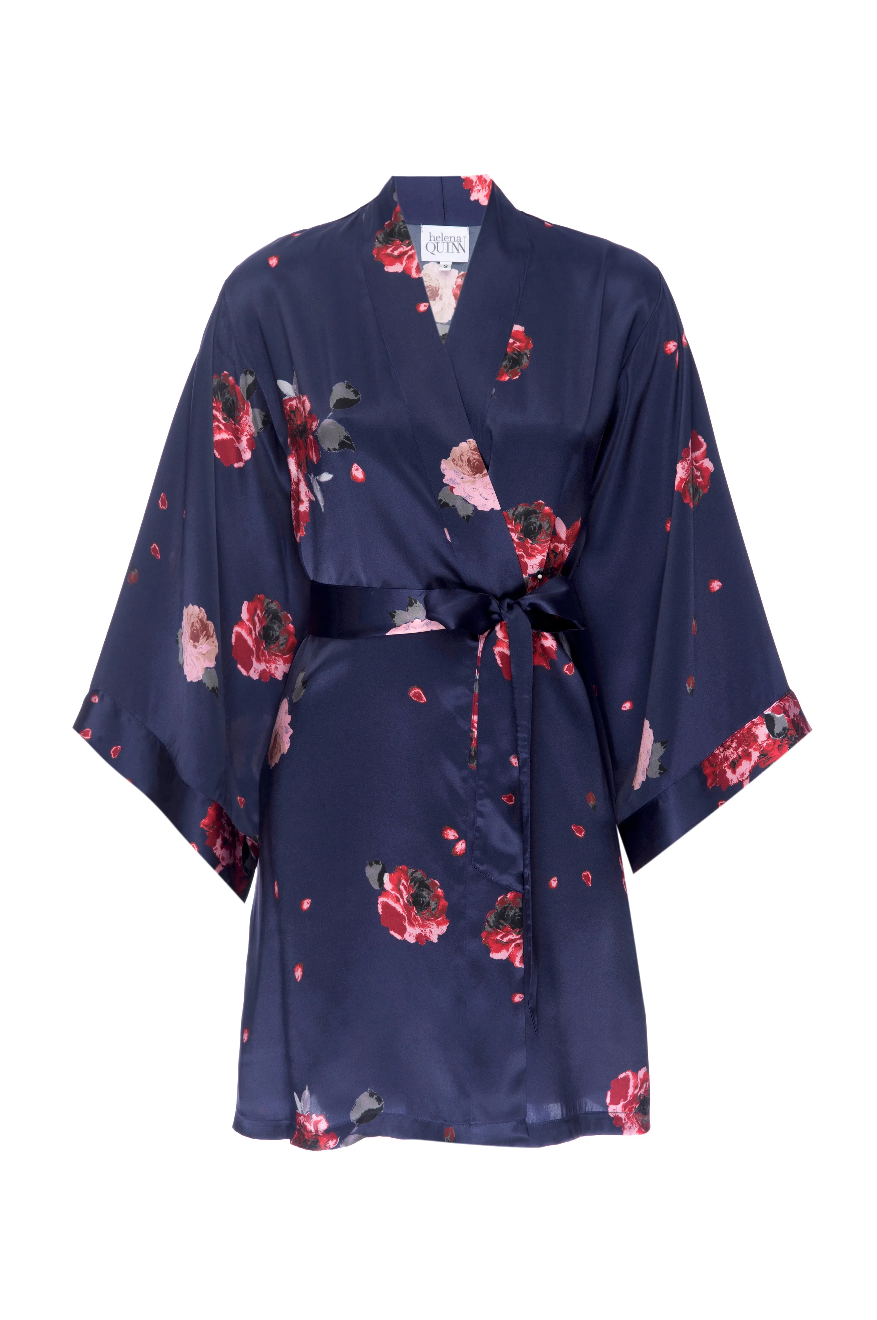 Silk Charmeuse Short Silk Robe: Navy Rose Print