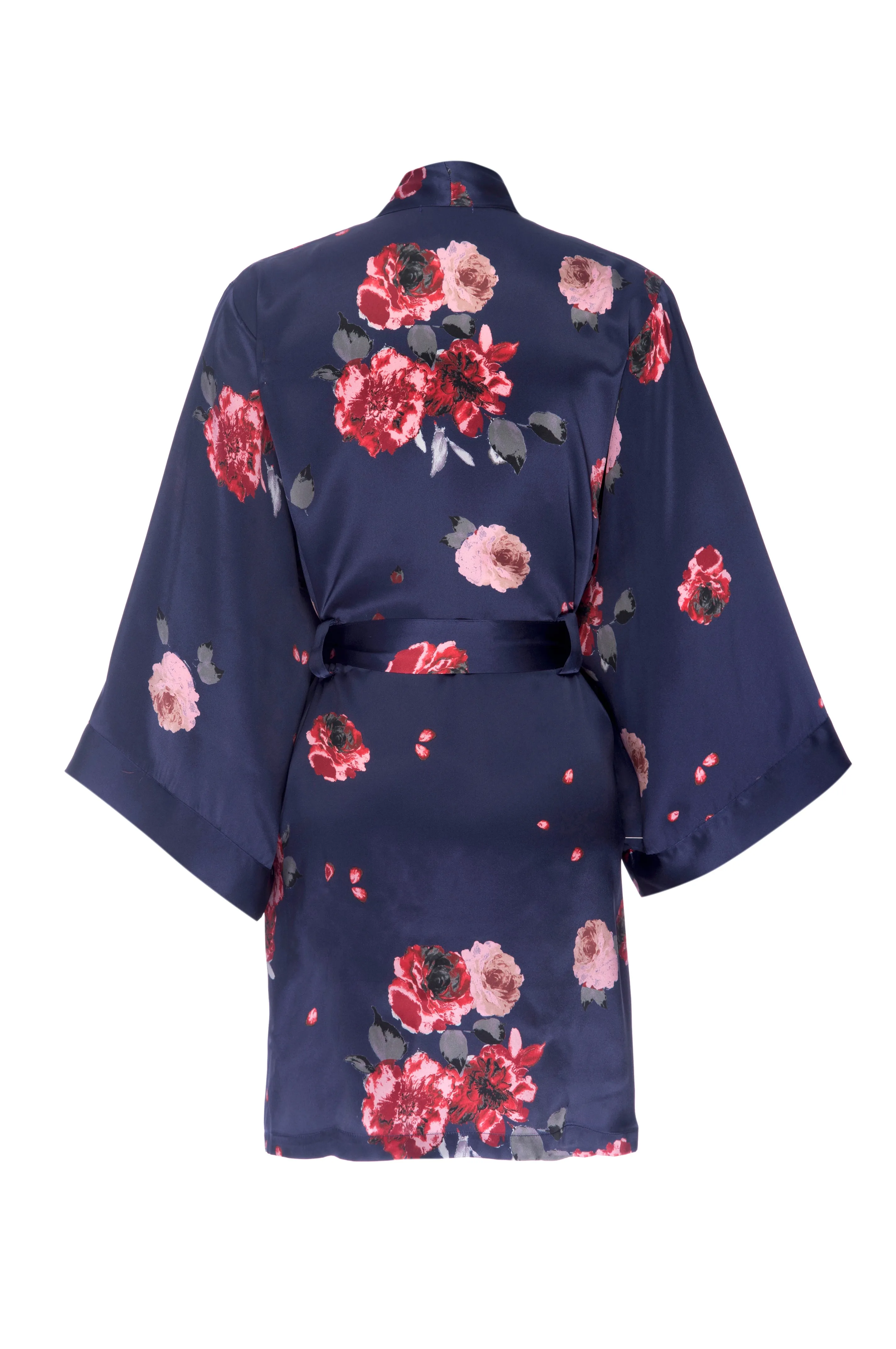 Silk Charmeuse Short Silk Robe: Navy Rose Print