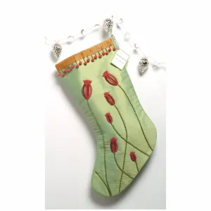 Silk  Christmas Stocking in Green with Hand Beaded Poppies