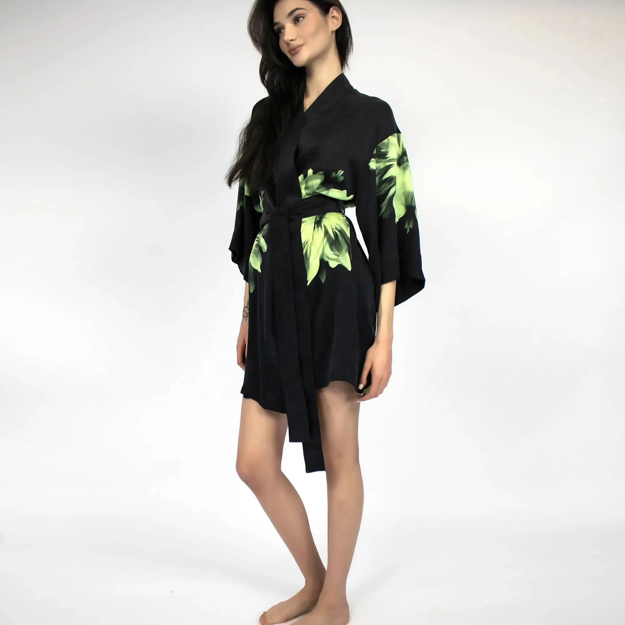 Silk Dreamscape Short Kimono Robe Black Flower