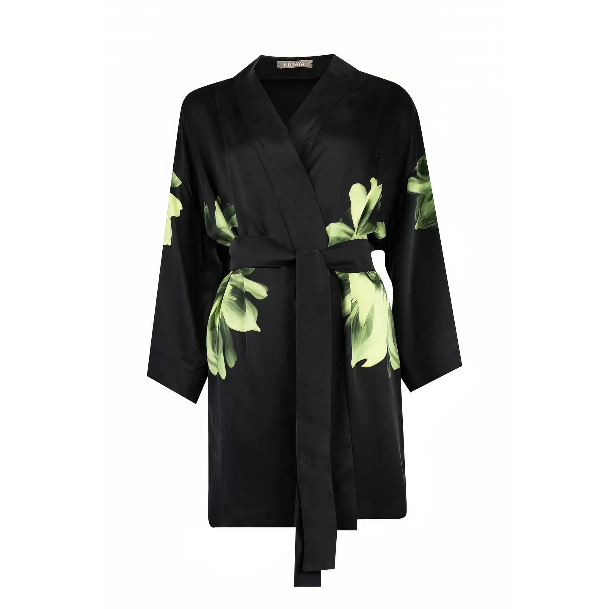 Silk Dreamscape Short Kimono Robe Black Flower