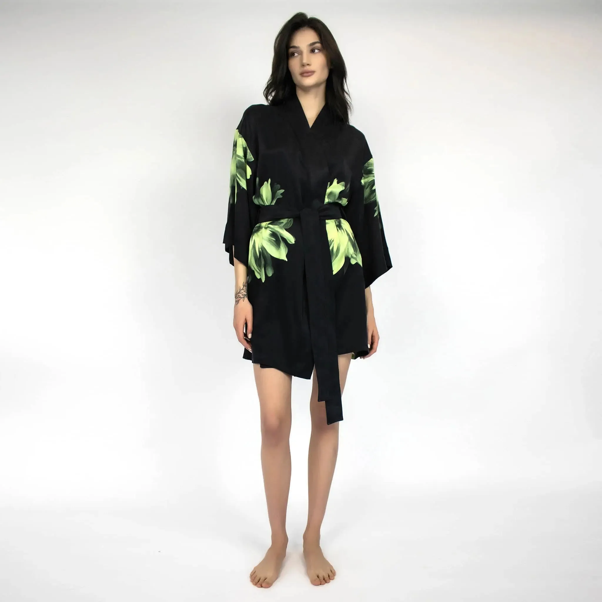 Silk Dreamscape Short Kimono Robe Black Flower