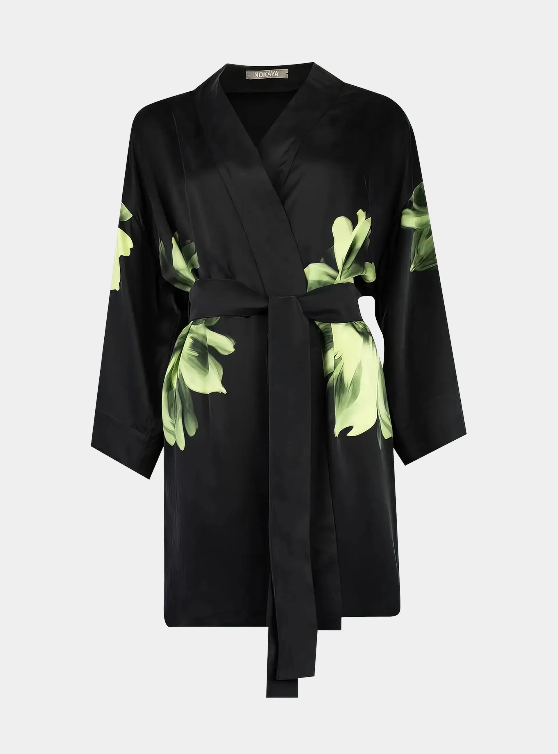 Silk Dreamscape Short Kimono Robe Black Flower