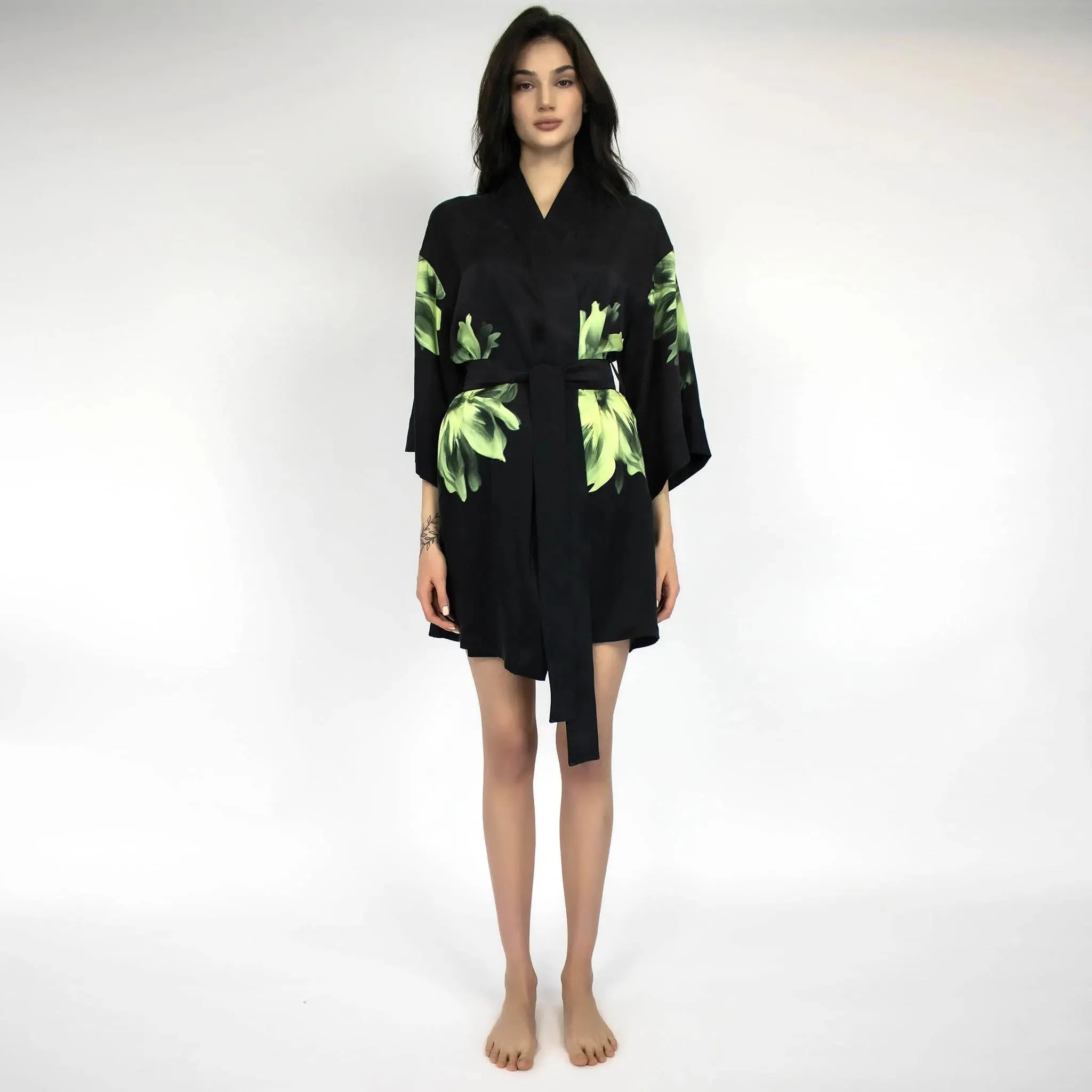 Silk Dreamscape Short Kimono Robe Black Flower