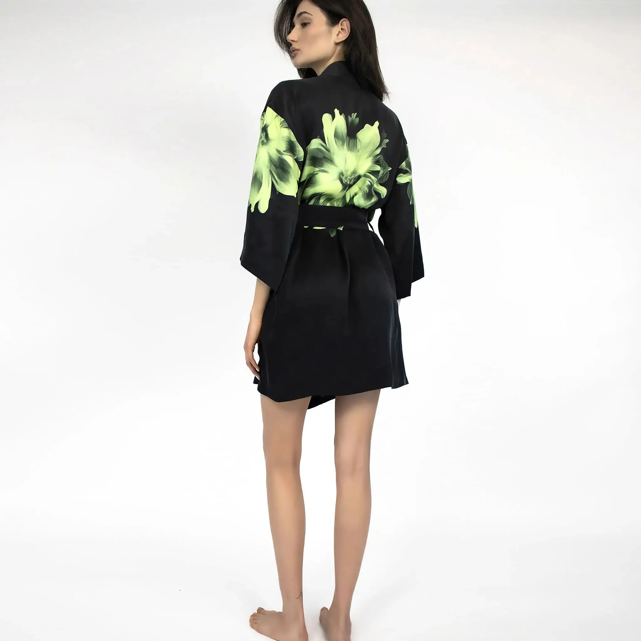 Silk Dreamscape Short Kimono Robe Black Flower