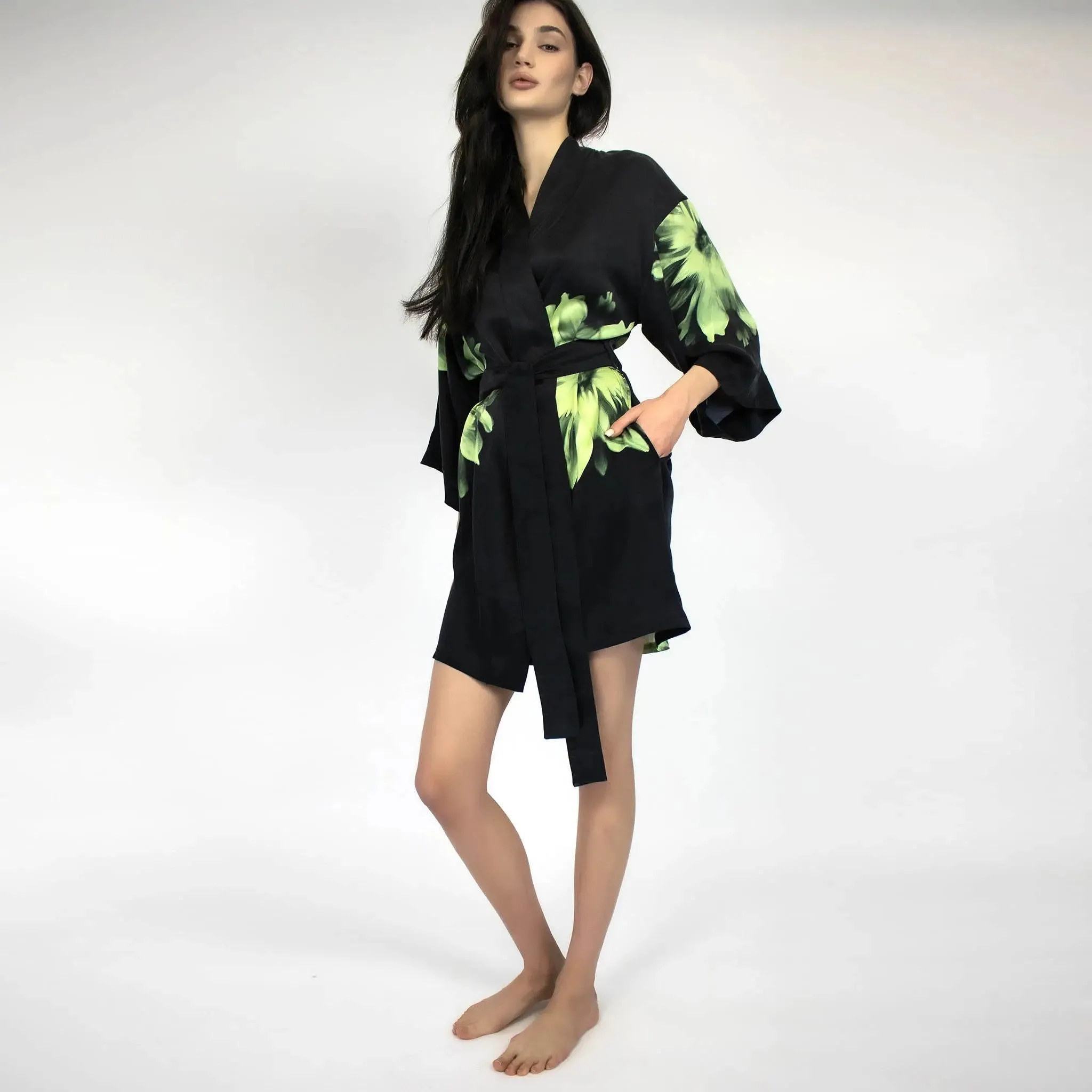 Silk Dreamscape Short Kimono Robe Black Flower