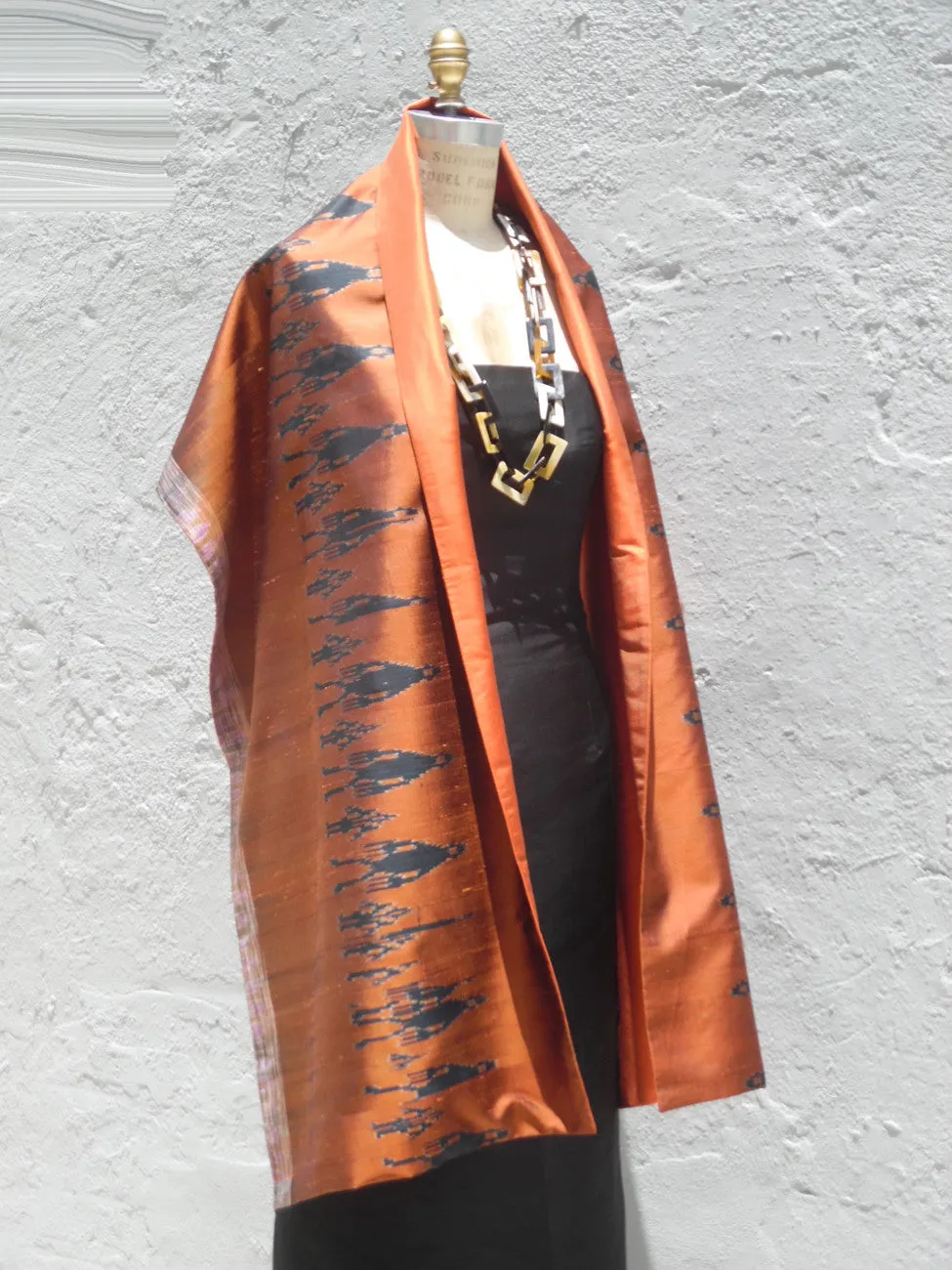 Silk Ikat Double Side Shawl Ancient Man on Copper