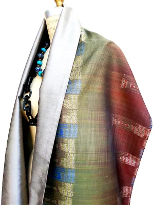 Silk Ikat Double Side Shawl Green Silver