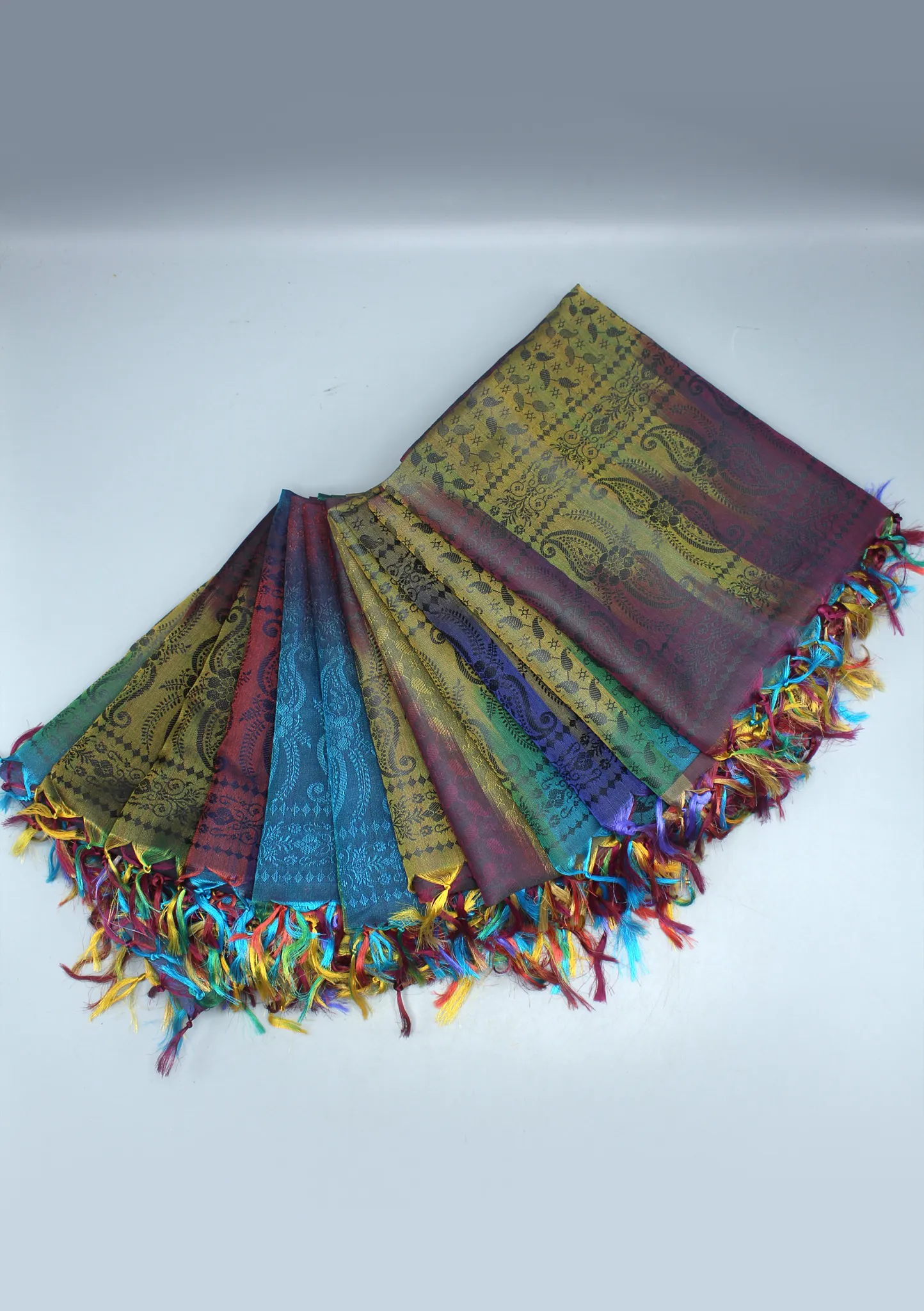 Silk Mixed Polyester Dark Multi Color Shawls with Furka