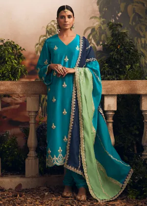 Silk Modale Aqua Blue Embroidered Festive Salwar Suit