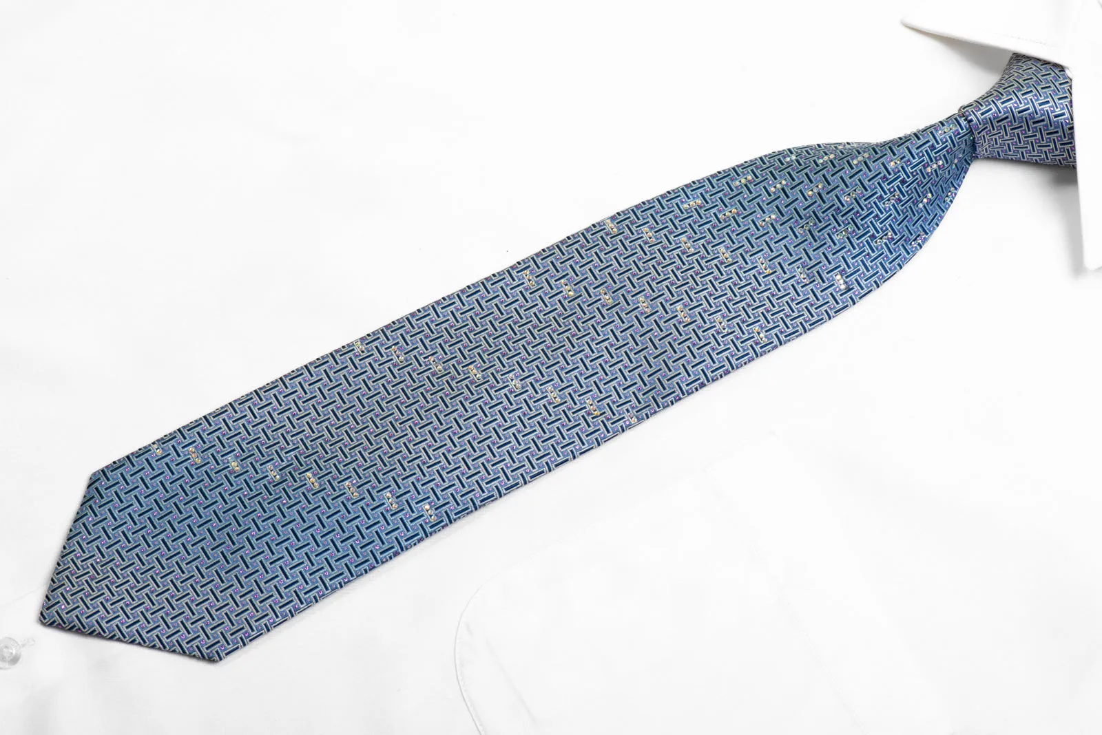 Silk Necktie Geometric On Blue With Rhinestones & Purple Sparkles