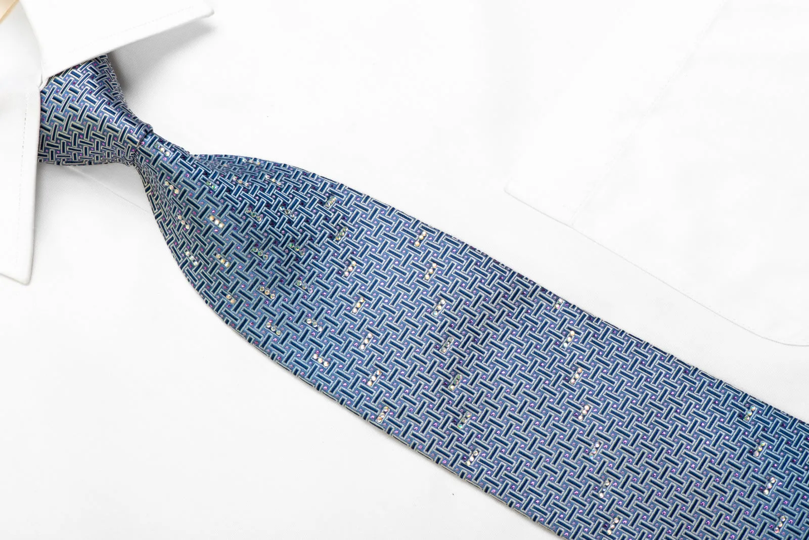 Silk Necktie Geometric On Blue With Rhinestones & Purple Sparkles