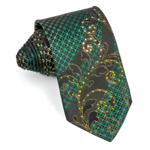 Silk Necktie Green Crosses Gold Scrolls On Black With Rhinestones