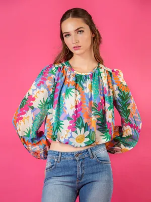 Silk Print Gathering Blouse