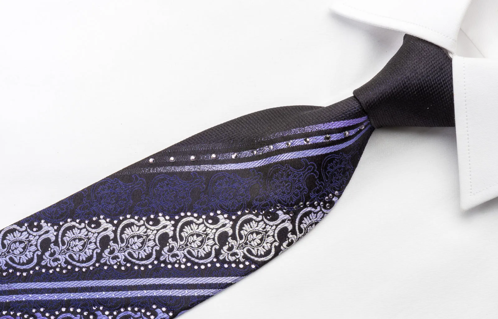 Silk Rhinestone Necktie Purple Damask On Navy With Silver Sparkles