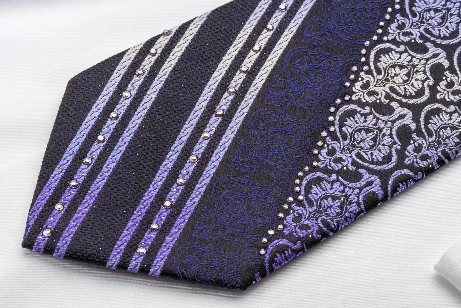 Silk Rhinestone Necktie Purple Damask On Navy With Silver Sparkles