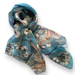 Silk Scarf - White Blossom on Light Blue